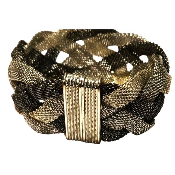 Vintage Bracelet Braided Two-Tone Black Silver Mesh With Magnetic Clasp - Picture 2 of 9